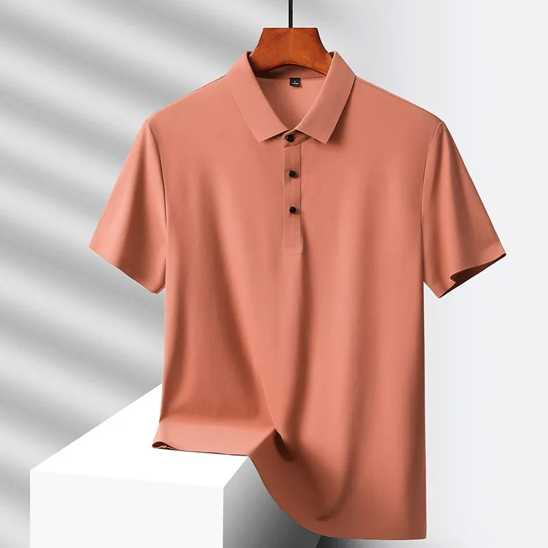 Hehope Summer Ice Silk Quick Drying Loose Polo Shirt Middle Aged Men's Solid Lapel Button Simple Versatile Casual Thin Short Sleeve Top