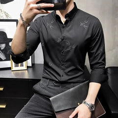 Hehope Spring Summer Thin Shirts Printing Button Men's Clothing Capable Turn-down Collar Solid Loose Formal Fashion Casual Simple