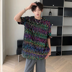 Hehope Colorful Sequin Design Personality Trendy Short Sleeved T-shirts Summer New Original Fashion High Street Men Tops