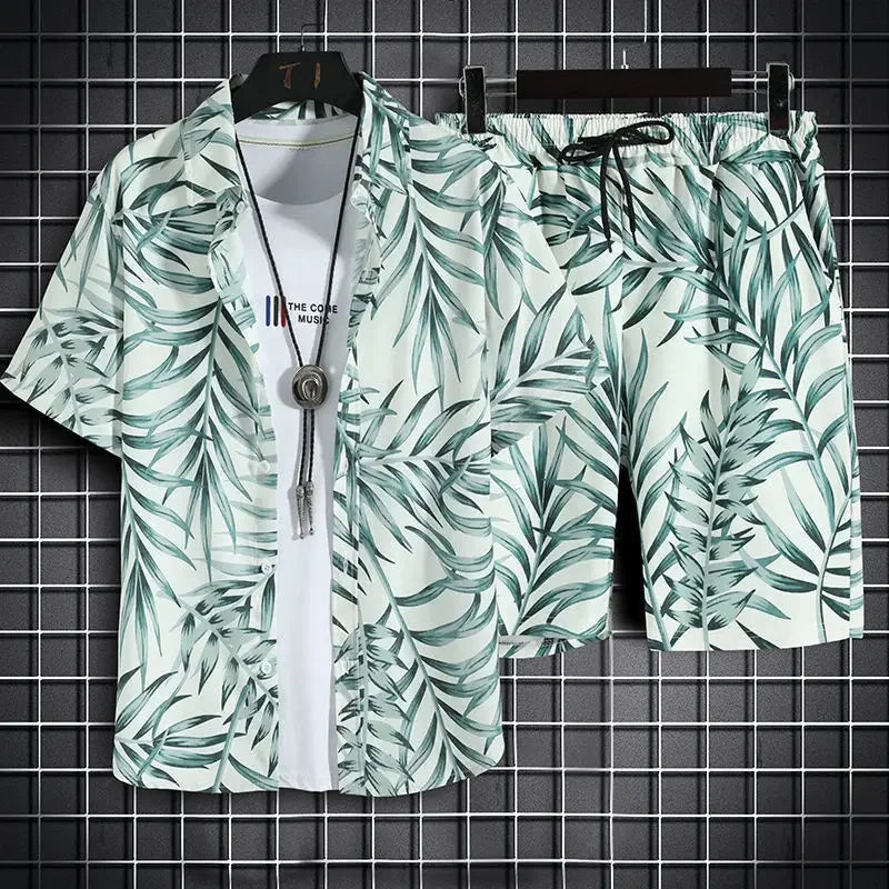 Hehope Summer New Men Beach Clothes 2 Piece Set Quick Dry Hawaiian Shirt Shorts Set Men Fashion Clothing Printing Casual Male Outfits