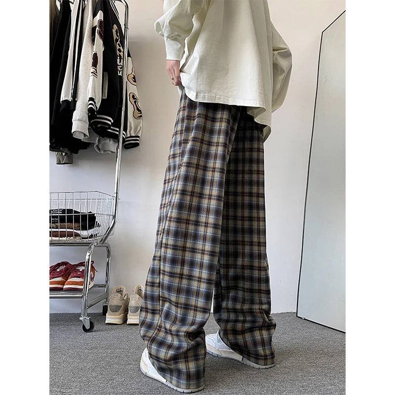 Hehope England Style Red Plaid Pants Men's Trousers Spring Autumn Drape Straight-leg Pants Loose Comfortable Home Casual Pants