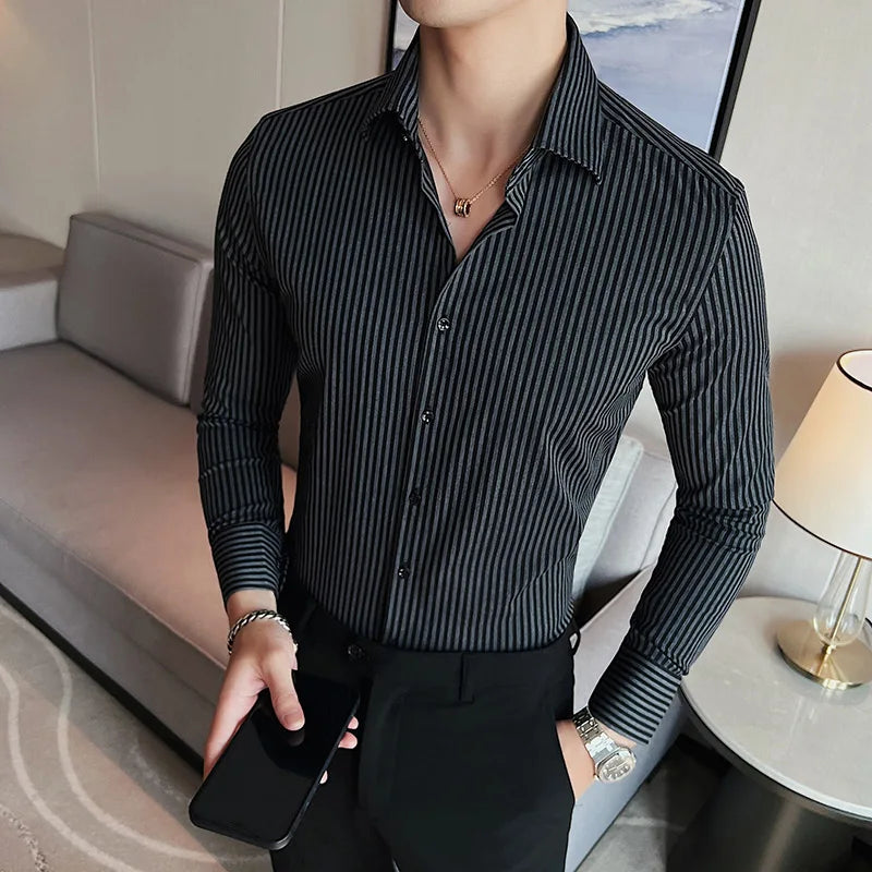 Hehope Striped Shirts for Men Autumn Korean Version Solid Color Casual Long Sleeved Elastic Slim Fit Camisas Fashion Men Clothing