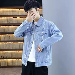 Hehope Denim Jackets Man Light Ripped Jeans Coat for Men Cargo Short Casual Slim with Hole One Piece Aesthetic High Quality G Vintage