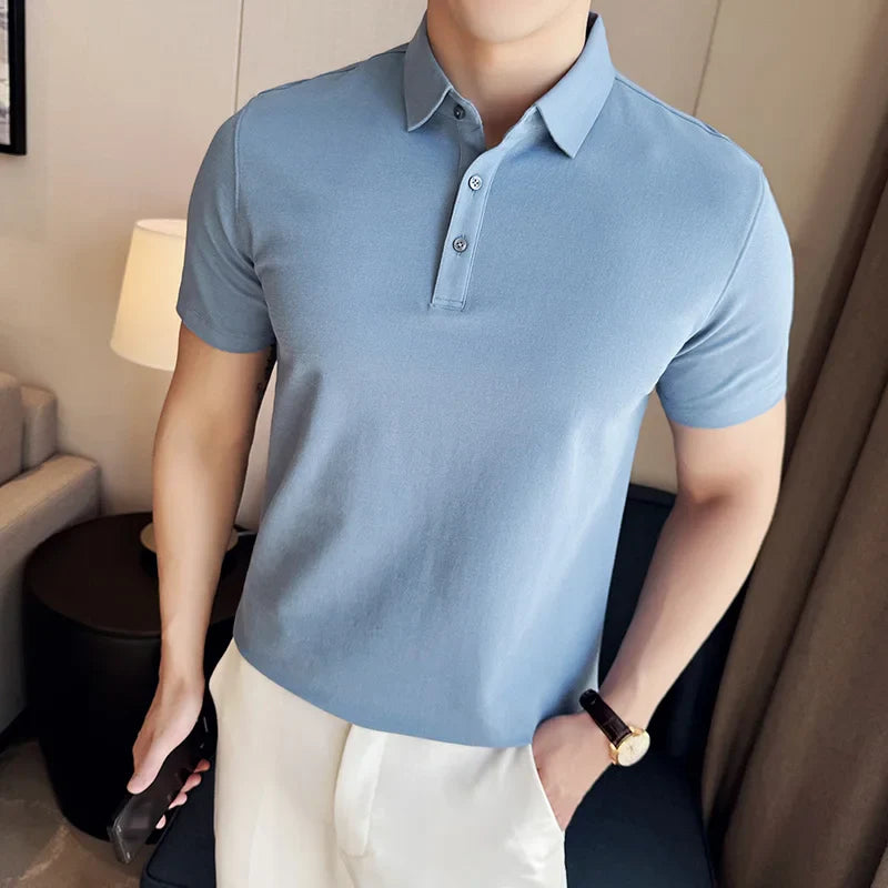 Hehope Mens Short Sleeved POLO Shirt 2024 Summer New British Style Solid Color Casual T-shirt Pure Cotton Slim Fit Fashion Men Clothing