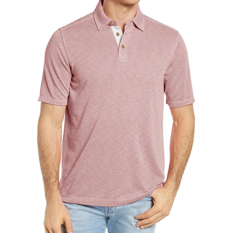 Hehope 2024 Spring Summer Mens New Casual Polo Shirts Short Sleeve Buttoned Lapel T Shirt Leisure Solid Color Cotton Tops Men Clothing