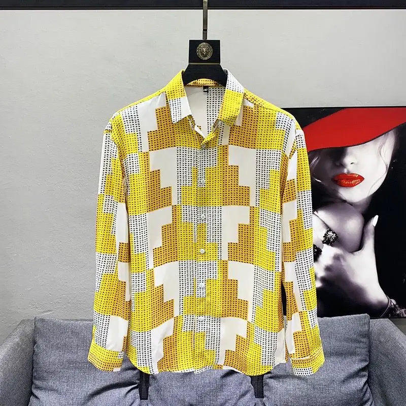 Hehope Spring and Summer Autumn Fashion Classic Niche Design Ruffian Handsome Loose Casual Contrast Color Houndstooth Men's Shirt