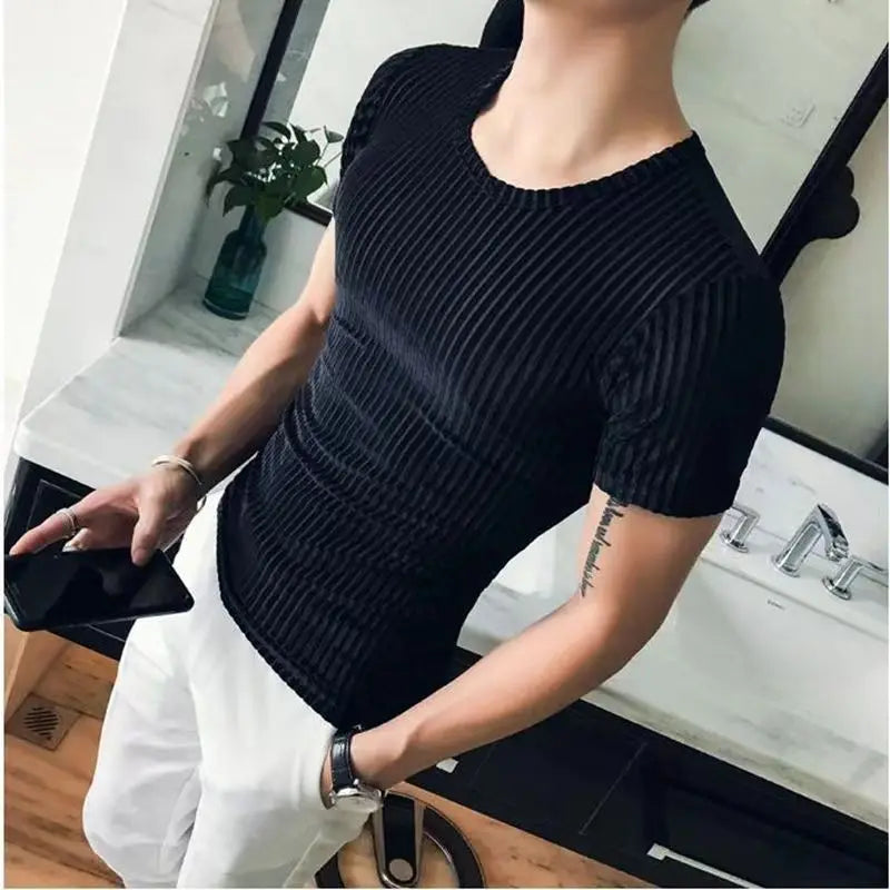 Hehope Fashion Summer Men Velvet T-Shirt Slim Solid Striped Casual O-neck TShirt Shorts Sleeve Tight Tees Top Club Costume Clothing 6XL