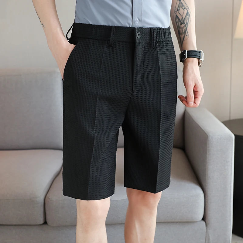 Hehope Men Summer High Quality Casual Business Shorts Male Slim Fit Fashion Waffle Pattern  Shorts/ Breathe Cool Comfort Short 29-38