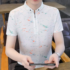 Hehope Korean Business Casual Summer Men's 2024 New Spliced Polo Shirt Zipper Print Fashion Slim Versatile Short Sleeved T-shirt Tops