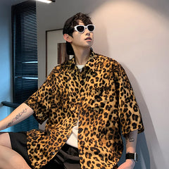 Hehope Korean Fashion Leopard Print Ice Silk Short Sleeve Shirt Men Summer Streetwear Hip Pop Loose Half Sleeve Floral Mens Shirts