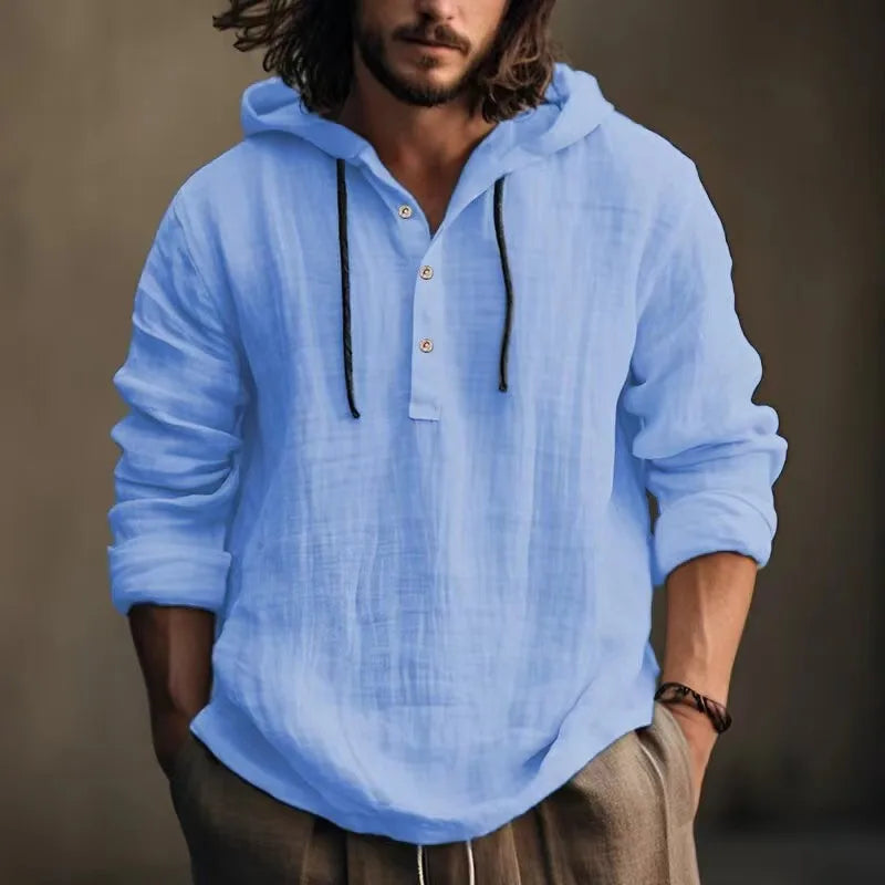 Hehope Men Shirts Hoodie Blouse Long Sleeve Buttons Pullover Solid Comfortable Cotton Linen Casual Loose Holiday Shirts Male Tee Tops