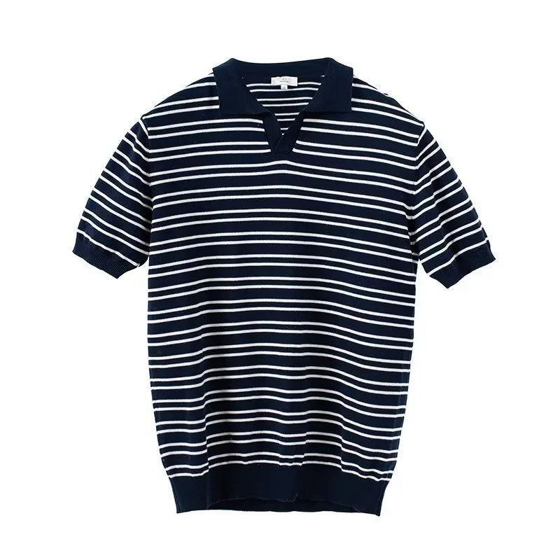 Hehope Mature Men Clothing Summer New V-neck Striped Polo Shirt for Men Short Sleeve Trend Simple Fashion Lapel T-shirt Polo Shirts