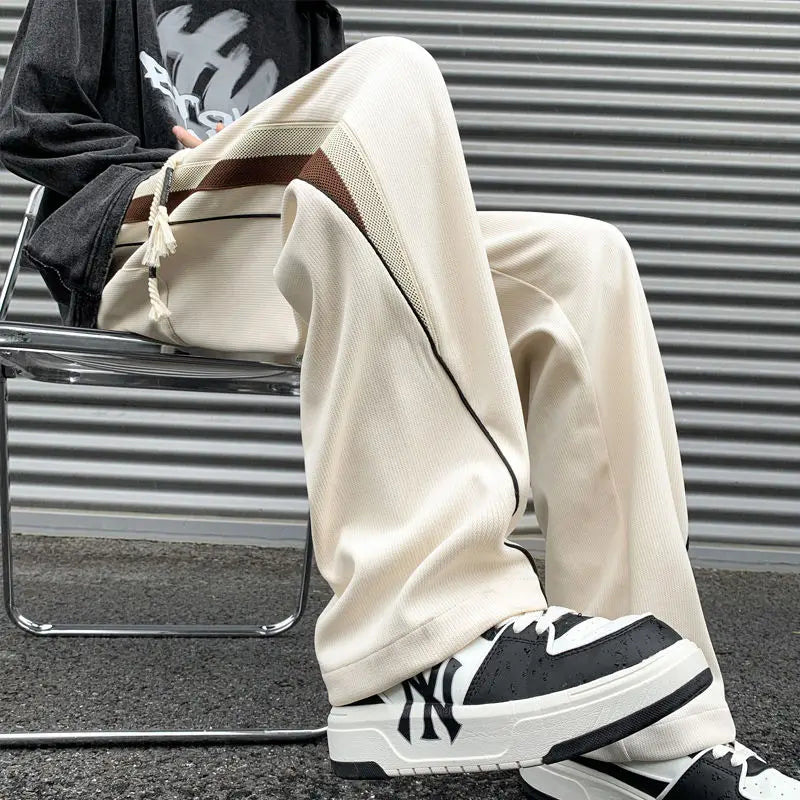 Hehope Autumn New Contrast Stripe Spliced Sports Pants Solid Drawstring Pocket American High Street Loose Wide Leg Casual Trousers