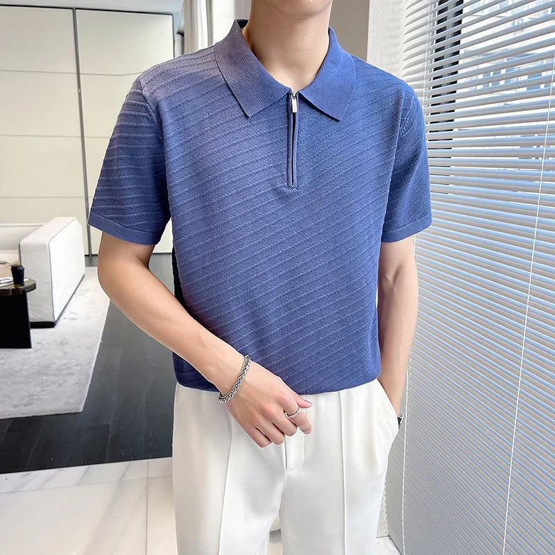 Hehope Men Polo Shirt Summer New Thin Ice Silk Elastic Casual Slim Fit Knitted Short Sleeve Polo Shirts British Style Men Clothing