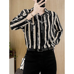 Hehope 2024 New Spring and Summer Pi Shuai Casual Loose Fashion Trend Thin Flip Collar Letter Printed Stripe Long Sleeved Shirt for Men