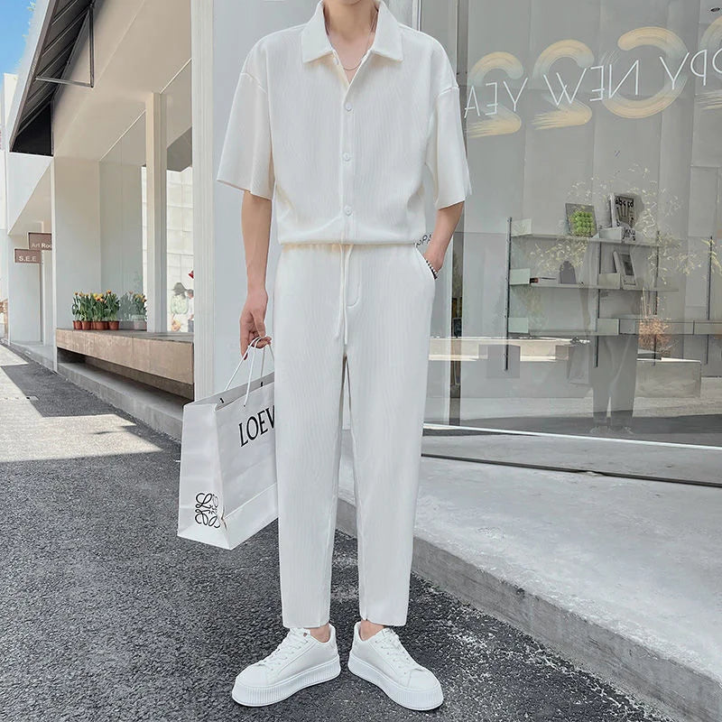 Hehope Summer Pleated Sets Men Fashion Black/White Casual Ice Silk Suit Men Korean Short-sleeved Shirt/Trousers Two-piece Mens Set