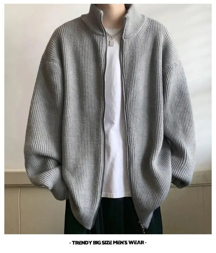 Hehope Winter Cardigan Sweater Men's Jacket Autumn Loose Standing Collar Knitted Sweater Pullover