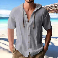 Hehope Summer Men Cotton Linen Shirt Solid Streetwear Short Sleeve Hoodie Cardigan Breathable Clothing For Male Tops Loose Man Shirts