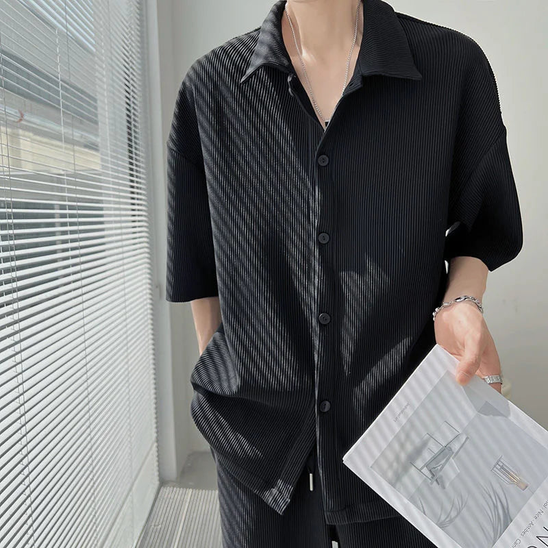 Hehope Summer Pleated Sets Men Fashion Black/White Casual Ice Silk Suit Men Korean Short-sleeved Shirt/Trousers Two-piece Mens Set