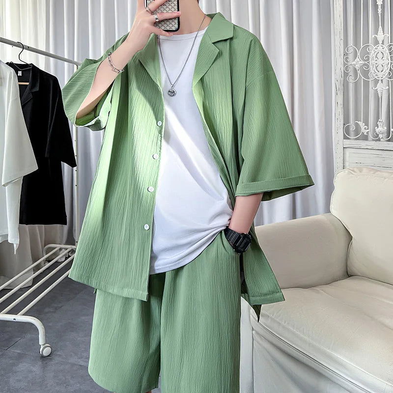 Hehope Korean Style Men's Set Shirt+Shorts Solid Short Sleeve Top Matching Bottoms Summer Fashion Oversized Clothing Men