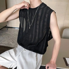 Hehope Fashion Man Clothes Round Neck Hollow Lace Vests Men's Personality Japanese Style Tank Tops