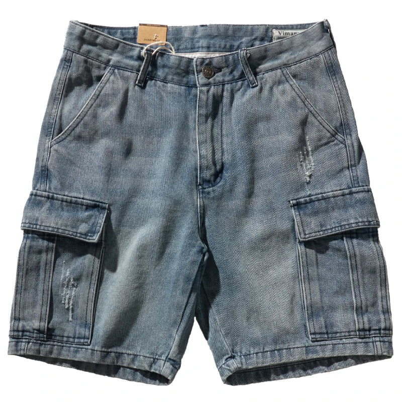 Hehope Shorts for Denim Men's Tooling, Cat's Whiskers, Straight Pants, Old Retro Pants, Versatile Multi-bag Pants