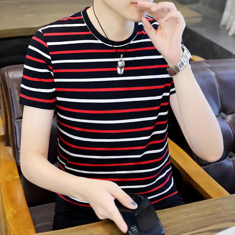 Hehope Men's 2024 Summer New Pullover O-Neck Patchwork Stripe Fashion Comfortable Slim All Match Business Casual Short Sleeved Tops