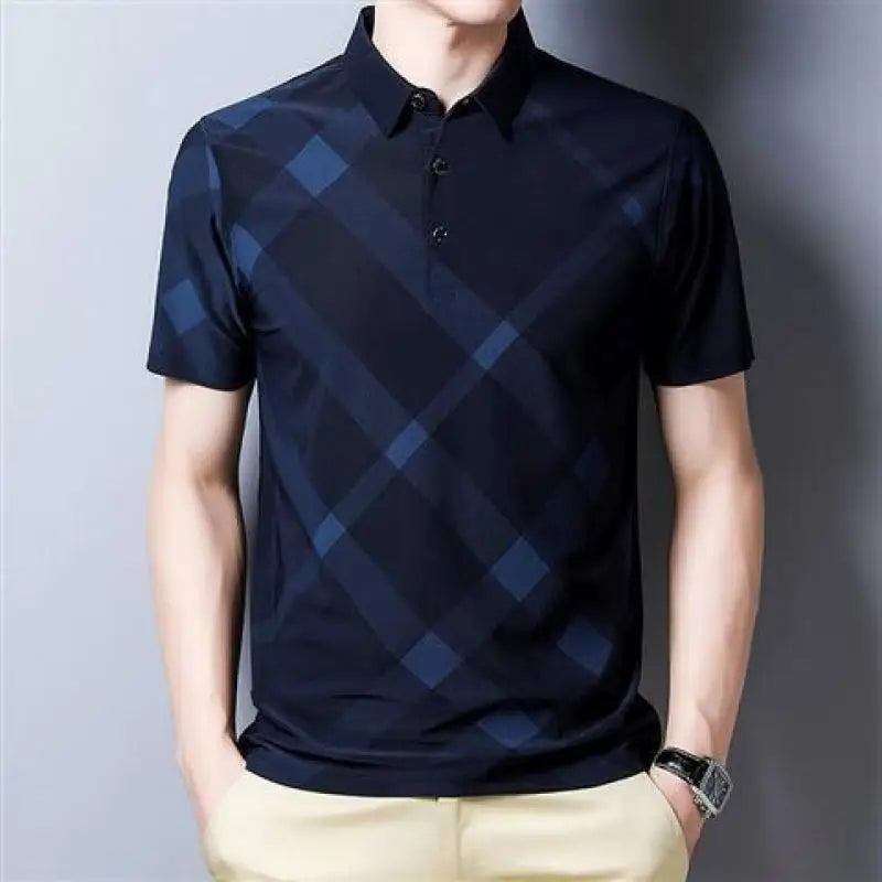 Hehope Summer Short Sleeve T-shirt Men's Turn-down Collar Pullover Fashion Plaid Polo Tees Loose Striped Button Solid Casual Tops