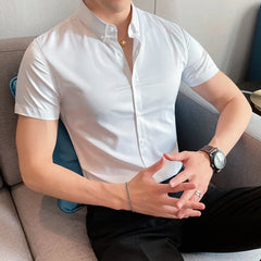 Hehope Short-sleeved White Shirt Men Summer High Quality Solid Color British Elastic Slim Fit Fashion Casual Men Clothing Top Shirt