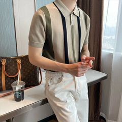 Hehope 2024 Summer Fashion Trend British Style Casual Business Polo Collar Stripe Contrasting Ice Silk Short Sleeved T-shirt for Men