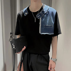 Hehope Korean Fake Two-piece Denim Patchwork T-shirt Men Summer Short Sleeve Loose Casual Tshirts Social Streetwear Harajuku T-shirt