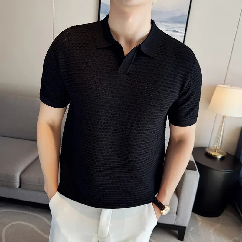 Hehope Men's Polo Shirt 2024 Summer New Thin Knitted Hollow Striped Jacquard Solid Short Sleeved V-neck T-shirt Casual Men's Clothing