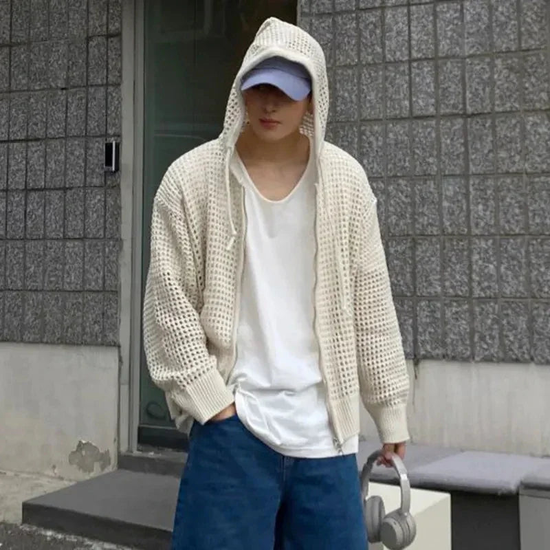 Hehope Vintage Knit Mesh Coat for Men Hole Hooded Cardigan Long Sleeve Tee Male Casual Autumn Japanese Streetwear Hip Hop