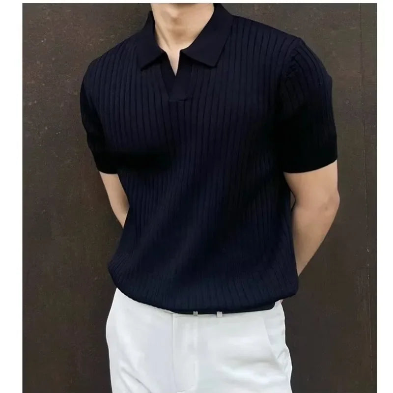 Hehope 2024 Summer Men's Ice Silk Lapel Polo Short Sleeve Thin Fashionable V-neck Striped Knit Base Layer Top Men's Shirt