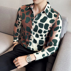 Hehope Fashion Leopard Print Shirt Autumn New Long Sleeve Slim Fit Casual Tuxedo Man Wedding Social Blouse Homme Plus Size 4XL-M