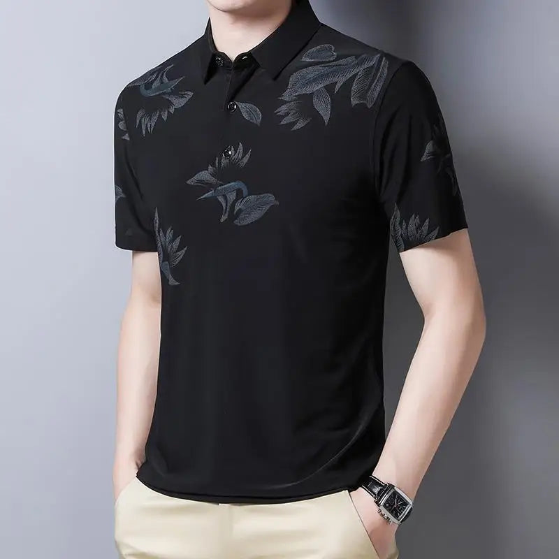 Hehope Summer New Short Sleeve Polo Shirts Man Turn-down Collar Button Fashion Printing Ice Silk Fabric Pullovers Casual Tops