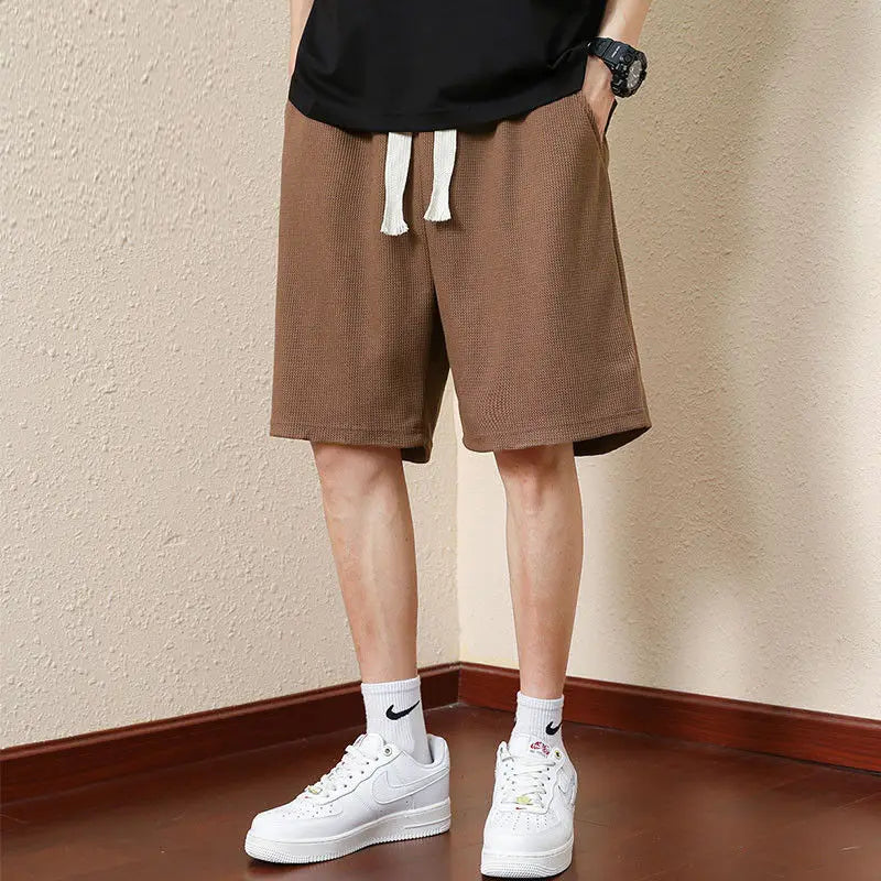 Hehope Summer Fashion Versatile Waffle Loose Casual Shorts Men Solid Elastic Waist Drawstring Pocket Breathable Thin Sport Short Pants