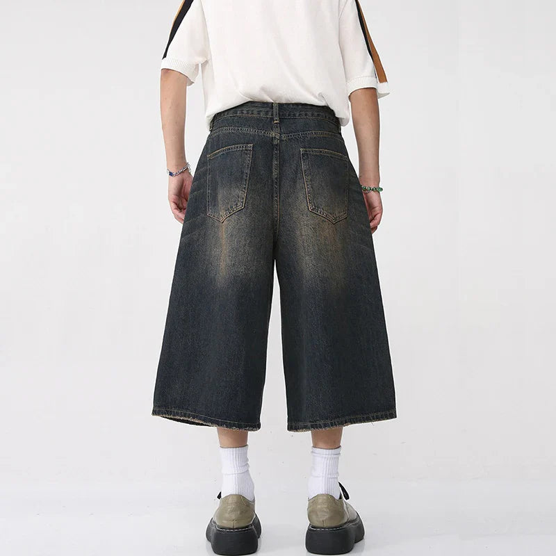 Hehope 2024 Korean Fashion Summer Men's Retro Jeans Wide Leg Knee Length Shorts Flared Flare Fit Jeans Male