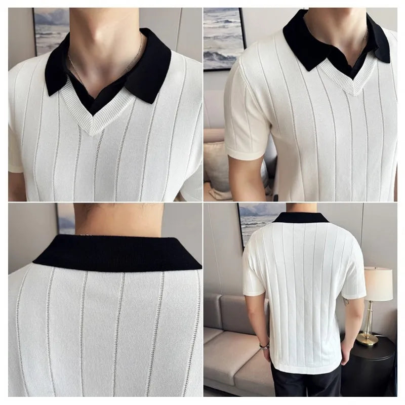 Hehope Korean Style Mens Knitted Polos Shirts Fake Two Piece Contrast Collar Striped Summer Short Sleeve Casual Slim Fit Tops Tees Man