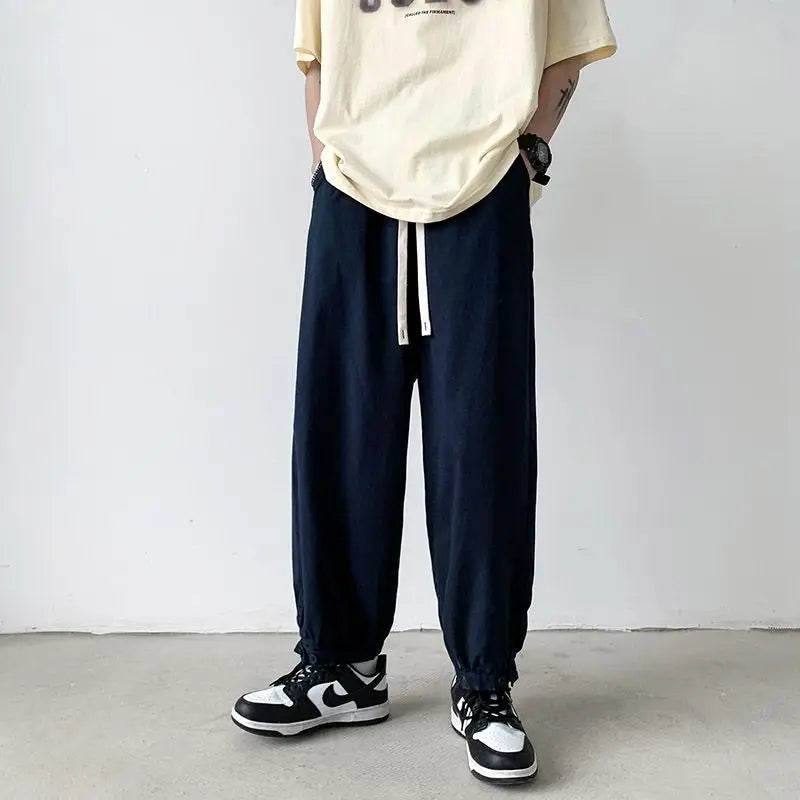 Hehope Spring Summer Loose Japanese Casual Pants Solid Color Drawstring Fashion Slim Youth Men's Workwear Wide Leg Guard Pants