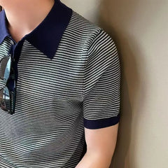 Hehope Summer Fashion Smart Casual Trendy New Ice Silk Knit Polo Shirt Men's Panelled Stripe Lapel Button Versatile Short Sleeved Top