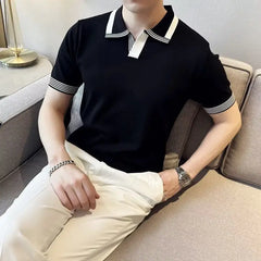 Hehope Japanese Vintage Smart Casual Ice Silk Short Sleeve Polo Shirt Men's Panelled Lapel Knit Loose Simple Breathable Summer Thin Top