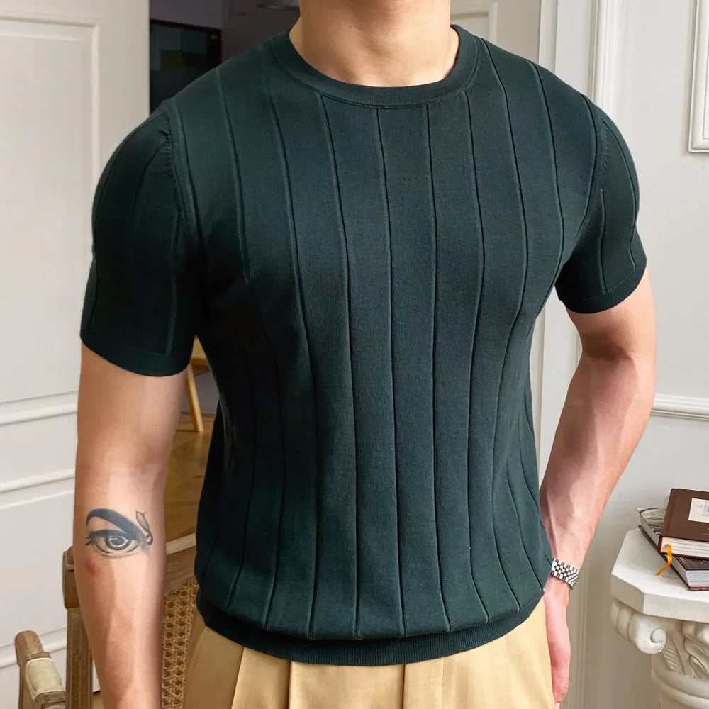 Hehope 2024 O-Neck Stretched Men's Tee Shirt Simple Solid Color Stripe Slim Knitted T Shirt Homme Streetwear Fashion Casual T-Shirt