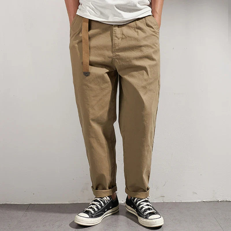 Hehope Japanese Casual Pants with Retro Loose Feet, Men's Fashionable Clothes Washed with Old Khaki Elastic Woven Nine-point Tapered Pa