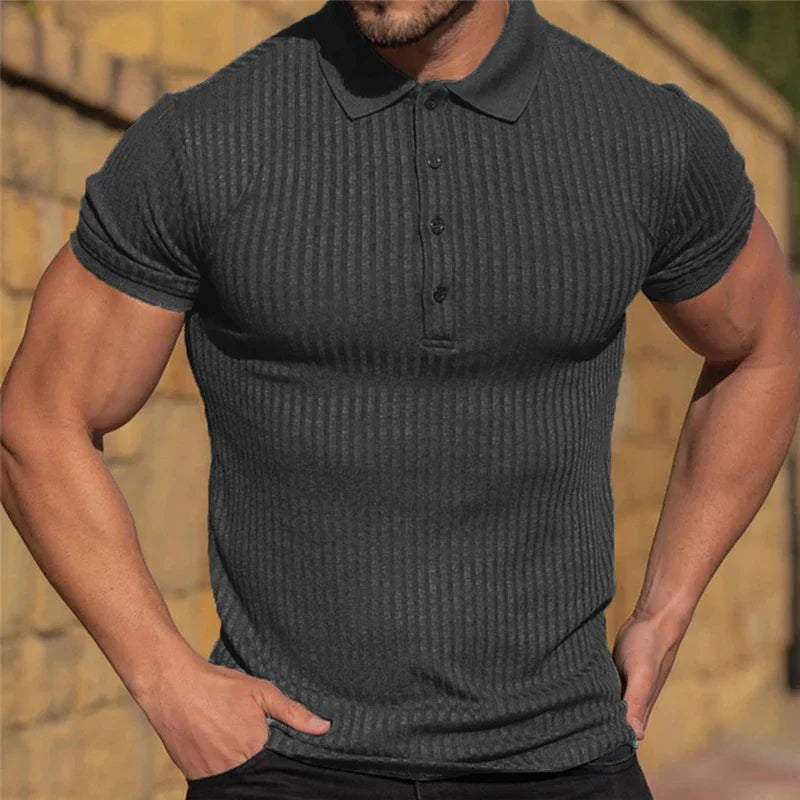 Hehope Summer Fashion Solid Ribbed Sports Polo Shirt for Men Short Sleeve Slim Fit Breathable Fitness Gym Bodybuilding Tops Ropa Hombre