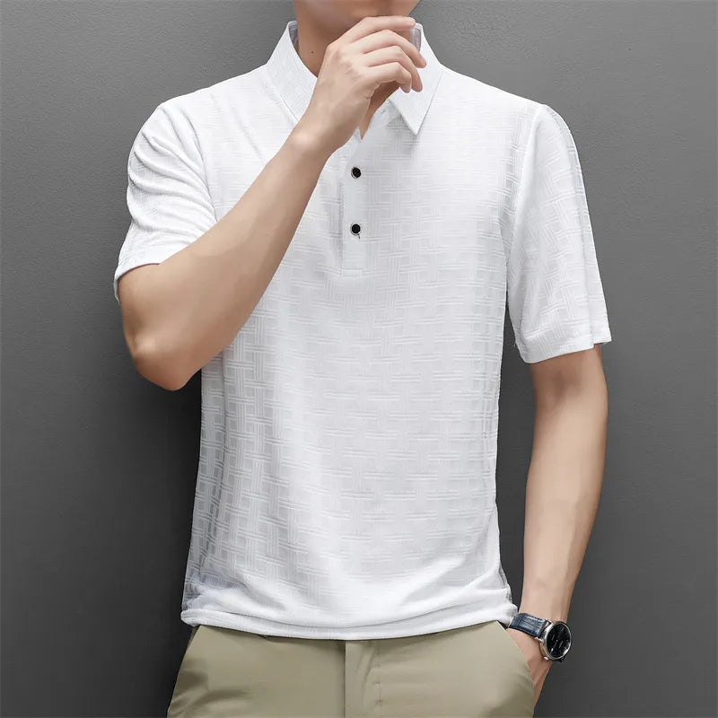 Hehope Men Fashion Business Casual Button Polo Collar Shirts Summer Short Sleeve Solid Color T-shirt Breathable Textured Pullover Tops