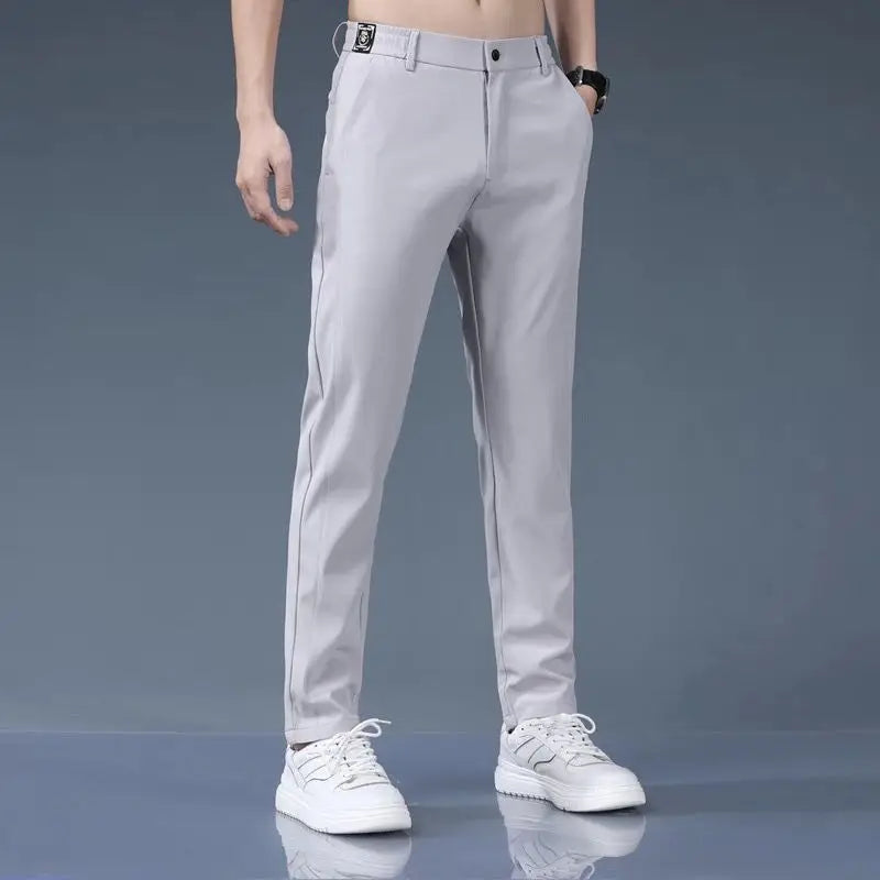 Hehope Summer Ice Silk Men Thin Straight Suit Pants Streetwear Fashion Business Casual Big Size Elastic Waist Versatile Sports Trousers