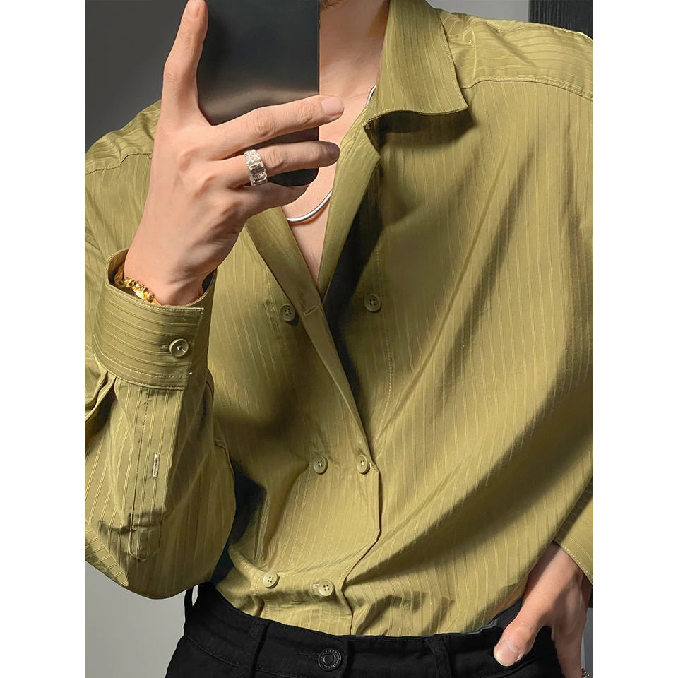 Hehope High-end Simple Striped Double Breasted Shirt for Men Autumn New Korean Style Trendy Solid Color Long Sleeves Men's Social Shirt