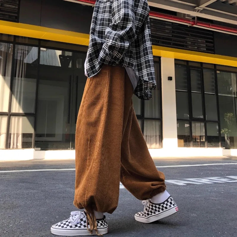 Hehope Japanese Streetwear Corduroy Wide-leg Cargo Pants Men Autumn Retro Hip Hop Trousers Male Joggers Loose Drawstring Casual Pants