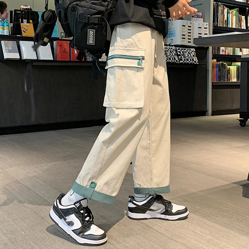 Hehope Spring Autumn Casual Print Patchwork Cotton Wide Leg Pants Man Loose Y2k Pocket Hip Hop Cargo Straight Male Trousers Streetwear